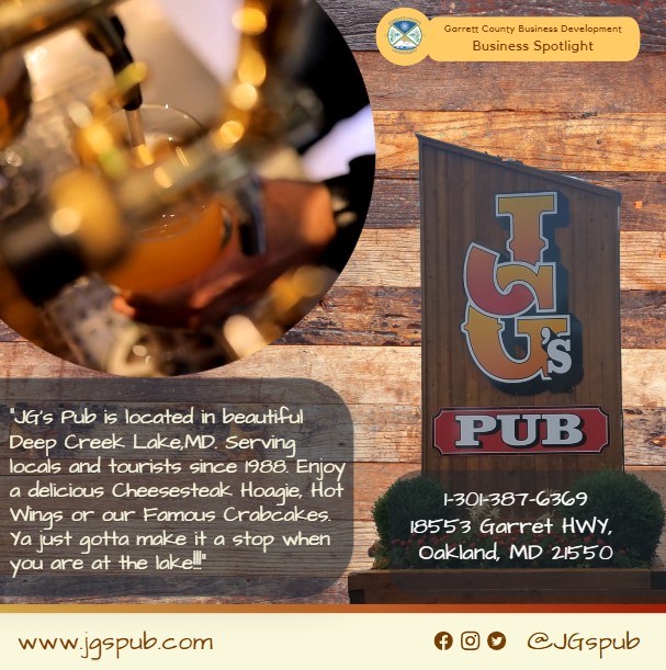 Todays Business Spotlight 🍺is on JG's Pub!
Visit them at www.jgspub.com or JG's PUB
Follow us to see more daily Garrett County Business Spotlights!
If you are interested in having your business featured contact Connor Norman at cnorman@garrettcountymd.gov. #garrettcountymd #businessdevelopment